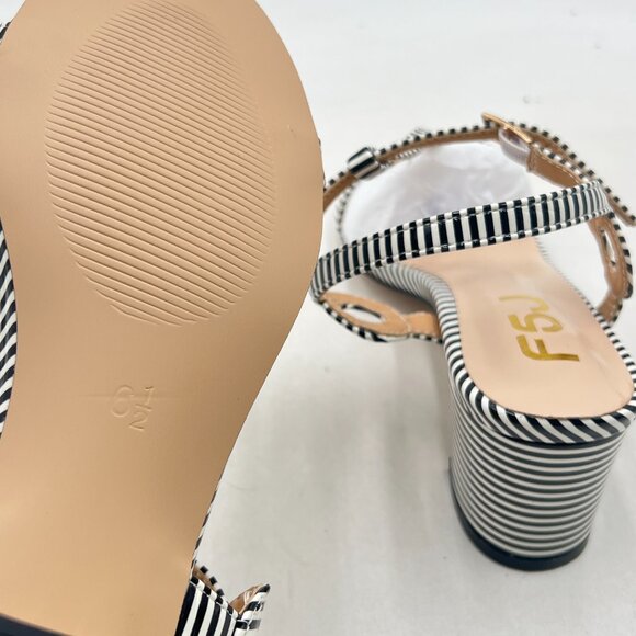 FSJ Black and White Stripe T Strap Block Heel Sandals - Picture 6 of 8
